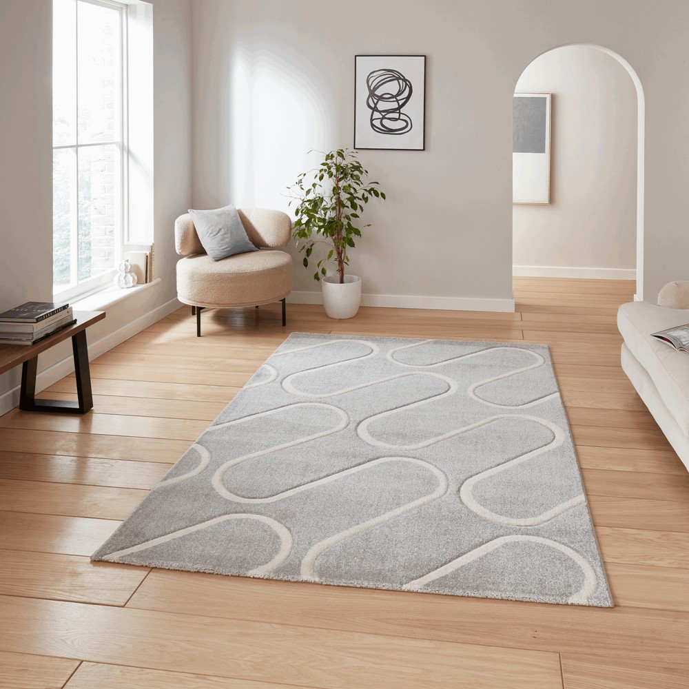 Linear Curve Modern Geometric Rugs by Catherine Lansfield in Grey